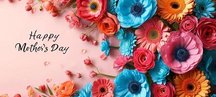 AI generated Wide banner with flowers and Happy Mothers Day text on light background. Suitable for greeting cards, event banners, and floral shops. photo