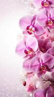 AI generated Purple pink orchids bouquet on light background with glitter and bokeh. Banner with copy space. Perfect for poster, greeting card, event invitation, promotion, advertising, elegant design photo