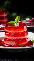 AI generated Vibrant red jelly adorned with cherries. Sweet fruit dessert. For use in culinary websites, food blogs, catering services, recipe books, and dessert menus. Dark background. Vertical photo