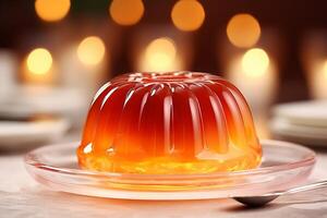 AI generated Orange jelly on a plate with bokeh lights in the background. Sweet fruit dessert. For use in food blogs, catering services, recipe books, dessert menus, festive food promotions photo