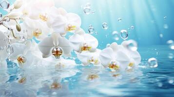 AI generated White orchids bouquet under light blue clear water with bubbles and droplets. Banner with copy space. Perfect for poster, greeting card, event invitation, promotion, advertising photo