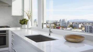 AI generated Chic kitchen interior featuring a cityscape through big windows, accented with modern fixtures. Perfect for architectural content, luxury apartment promotions, photo