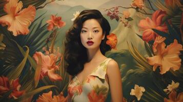 AI generated Portrait of an Asian woman with red lipstick, against a floral backdrop. Vintage style. Tropical paradise. Ideal for beauty campaigns, cultural publications, and art prints. photo