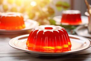 AI generated Yummy Red jelly. Sweet fruit dessert. For use in culinary websites, food blogs, catering services, recipe books, and dessert menus. Light blurred background photo