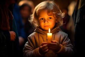 AI generated A Kid holding lit candle with awe in eyes, in church setting. Light casting soft glow on his face. Ideal for Easter festive celebrations, religious event programs, spiritual blogs photo