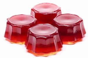 AI generated Red jelly desserts on clear white background. For use in nutritional guides, food blogs, catering services, recipe books, and dessert menus photo
