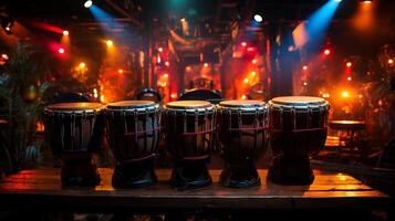 AI generated Row of conga drums on stage, lit by warm stage lights with a bokeh effect. Ideal for music-themed projects and performance promotions. Traditional percussion musical instrument photo