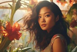 AI generated Asian Lady with wavy hair in a botanical setting with sunlight. Vintage style. Tropical paradise. Ideal for fashion, wellness retreats, and nature-inspired themes. photo