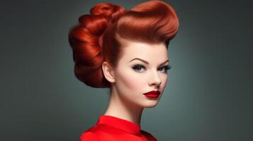 AI generated Redhead Woman with styled hair with victory rolls in vintage fashion style. For use in beauty tutorials, retro fashion spreads, hair styling guides, and makeup artistry. photo