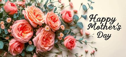 AI generated Wide banner with coral roses and Happy Mothers Day text on a white background. Suitable for greeting cards, event banners, and floral shops. photo