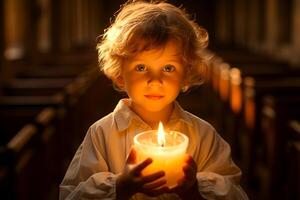 AI generated Kid holding lit candle with awe in eyes, in church setting. Light casting soft glow on his face. Ideal for Easter festive celebrations, religious event programs, spiritual blogs photo