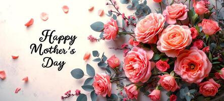 AI generated Panoramic banner with coral roses and Happy Mothers Day text on a white background. Suitable for greeting cards, event banners, and floral shops photo