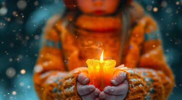 AI generated Kid holding in hands a glowing candle with a blurred bokeh background. Magical atmosphere. Suitable for holiday themes, religious, spiritual content, or candle safety awareness. photo