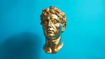 AI generated Gold antique statue of a male head on a blue solid background. Ideal for contemporary art projects. photo