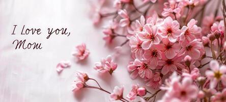 AI generated A wide banner featuring pink cherry blossoms on a white background with I Love You, Mom text. Ideal for Mothers Day promotions and greeting cards photo