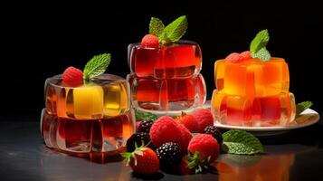 AI generated Red and orange jelly desserts with berries, served on clear plates. For use in nutritional guides, food blogs, catering services, recipe books, and dessert menus. Dark background. photo