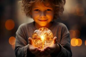 ai generado niño participación en manos un brillante vela con un borroso bokeh antecedentes. mágico atmósfera. adecuado para fiesta temas, Pascua de Resurrección celebraciones, religioso, espiritual contenido, o vela foto