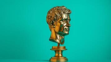 AI generated Gold antique statue of a male head on a light emerald green solid background. Ideal for contemporary art projects. photo