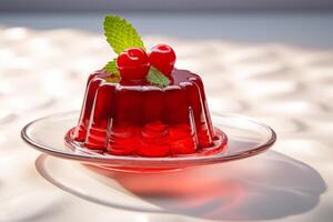 AI generated Vibrant red jelly served on a glass dish, adorned with a cherry. Sweet fruit dessert. For use in culinary websites, food blogs, catering services, recipe books, and dessert menus photo