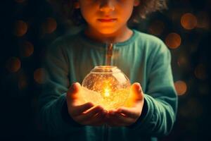 AI generated Child holding in hands a glowing candle with blurred bokeh background. Magical atmosphere. Suitable for holiday themes, Easter celebrations, religious, spiritual content, or candle photo