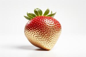 AI generated A single strawberry with a golden body and red seeds stands against a white background, suitable for creative food advertising or art illustrations.. photo