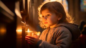 AI generated Child holding lit candle with awe in eyes, in a church. Light casting a soft glow on his face. With copy space. Suitable for Easter festive celebrations, religious event programs photo