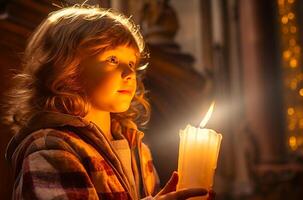 AI generated Kid holding lit wax candle with awe in eyes, in church setting. Light casting soft glow on his face. With copy space. Ideal for Easter festive celebrations, religious event programs photo