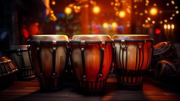 ai generado conga tambores en escenario, iluminado por calentar etapa luces con bokeh efecto. Perfecto para música temática proyectos y actuación promociones tradicional percusión musical instrumento de afrocubano. foto