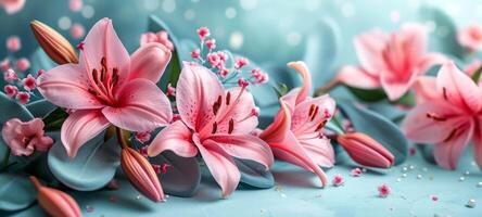 AI generated Wide banner with pink lilies and small flowers on a blue backdrop, suitable for decorative prints, spa environments, or floral-themed websites photo