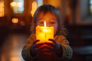 ai generado niño participación grande iluminado vela con temor en ojos, en un iglesia. ligero fundición un suave resplandor en su rostro. adecuado para Pascua de Resurrección festivo celebraciones, religioso evento programas, espiritual blogs foto