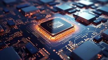 AI generated Macro shot of an electronic circuit with illuminated pathways. Computer chip, semiconductor, data abstraction. Electronic board. Useful for for tech industry marketing and educatio photo