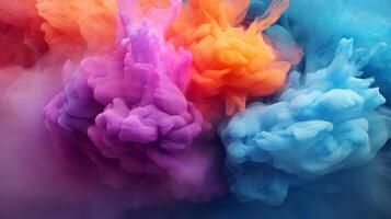 AI generated A dynamic blend of colored smoke, swirling in purple, orange, and blue against a dark backdrop. Ideal for creative art projects or vibrant graphic designs. Creative background. photo