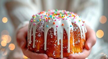 ai generado niño participación en manos Pascua de Resurrección pastel kulich decorado con blanco goteo Formación de hielo y de colores asperja. borroso antecedentes. ideal para panadería anuncios, fiesta Pascua de Resurrección contenido, receta blogs foto