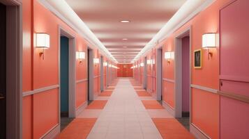 ai generado opulento hotel pasillo con múltiple puertas y pulido piso en un de moda melocotón color. ideal para hotel diseño, lujo Departamento complejos, hospitalidad marketing, y arquitectónico foto