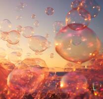 AI generated Soap bubbles against a sunset, glowing with a warm light. Can be used as a background for festive occasions, relaxation themes. Concept of celebration, serenity, imagination. photo