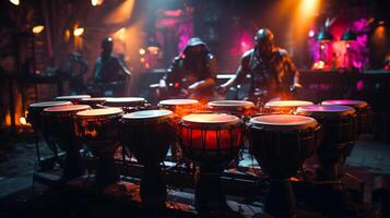 ai generado conga tambores en escenario, iluminado por calentar etapa luces con bokeh efecto. ideal para con tema musical proyectos y actuación promociones tradicional percusión musical instrumento de afrocubano. foto