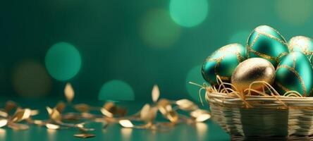 AI generated Emerald and gold Easter eggs in wicker basket on a dark green background. Banner with copy space. Perfect for elegant Easter themes and upscale holiday marketing, highlighting luxury photo