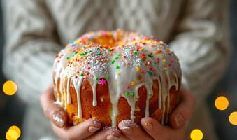 AI generated Hands holding decorated Easter cake Kulich with icing and colored sprinkles. Blurred background. Ideal for bakery ads, holiday Easter content, or recipe blogs photo