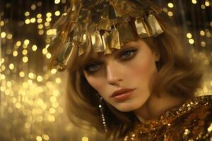 AI generated Woman with golden headpiece and sequin dress, bokeh lights background. Concept for masquerade, holiday, corporate party and nightlife photo