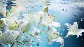 AI generated White lilies under light blue clear water with bubbles and droplets. Banner with copy space. Perfect for poster, greeting card, event invitation, promotion, advertising, print, photo