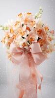 AI generated Peach orchids bouquet with ribbon bow on light background. Perfect for poster, greeting card, event invitation, promotion, advertising, elegant design. Present for Valentines day, Vertic photo