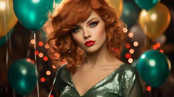 AI generated Young glamorous redhead woman with bright makeup in a green sequin dress on a sparkling festive background with balloons. Concept for masquerade, holiday, corporate party and nightlife photo
