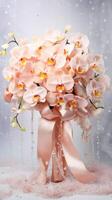 AI generated Peach orchids bouquet with ribbon bow on light background. Perfect for poster, greeting card, event invitation, promotion, advertising, elegant design. Present for Valentines day photo