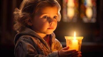 AI generated A young child holding a lit candle with awe in eyes, in a church setting. Light casting a soft glow on his face. Suitable for Easter festive celebrations, religious event programs photo