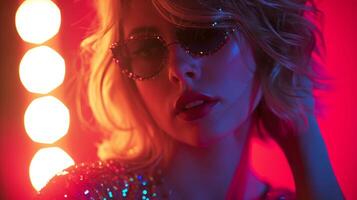 AI generated Woman with blonde hair, sequined glasses, and red lighting. Suitable for nightlife and fashion editorial use. Concept for masquerade, holiday and corporate party. photo