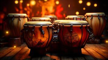 AI generated Conga drums on stage, lit by warm stage lights with a bokeh effect. Ideal for music themed projects and performance promotions. Traditional percussion musical instrument of Afro-Cuban. photo