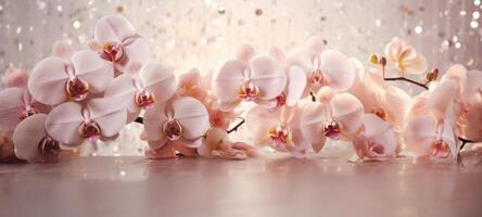 AI generated Peach orchids bouquet on light peach background with glitter and bokeh. Banner with copy space. Perfect for poster, greeting card, event invitation, promotion, advertising, print, photo