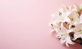 AI generated White lilies bouquet on light pink background. Banner with copy space. For poster, greeting card, event invitation, promotion, advertising, print, elegant design. Present for Womens day photo