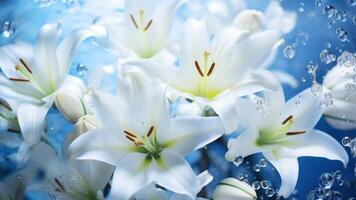 AI generated White lilies under light blue clear water with bubbles and droplets. Banner with copy space. Perfect for poster, greeting card, event invitation, promotion, advertising, print, elegant photo