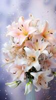 AI generated White lilies bouquet on light background with glitter and bokeh. Perfect for poster, greeting card, event invitation, promotion, advertising, elegant design. Vertical format. photo